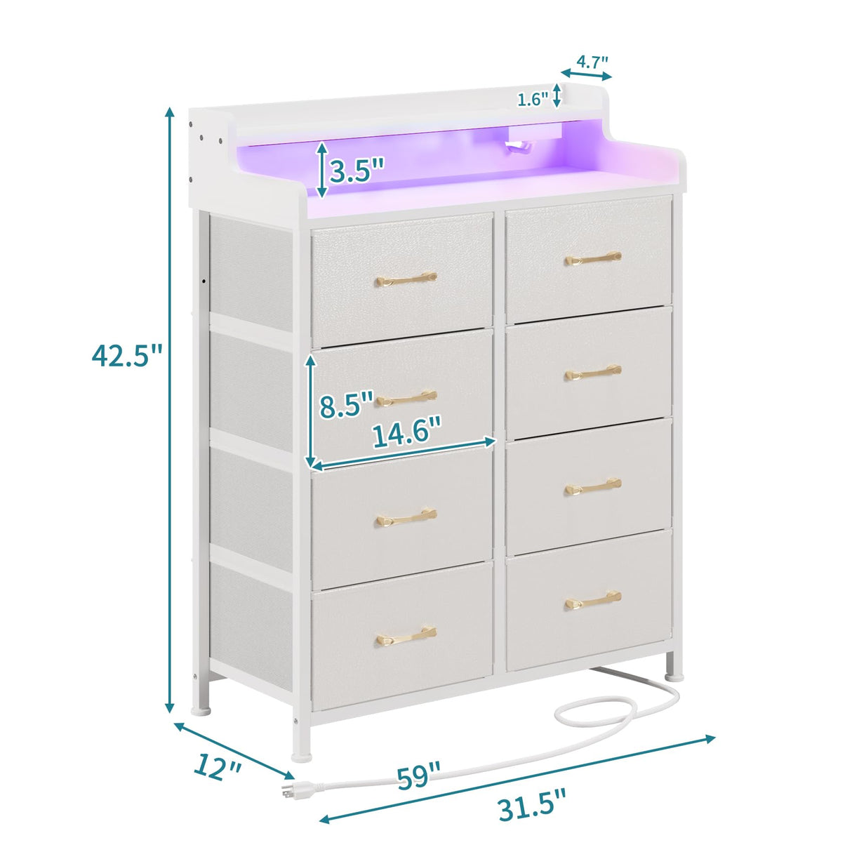 LUMTOK 8-Drawers Dresser with Power Outlets, Built-in Power Strips & LED Strips, Fabric Dressers Drawers for Bedroom, Hallway, Nursery, Steel Frame, Wood Top, Easy Pull Handle (White) LUMTOK