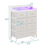 LUMTOK 8-Drawers Dresser with Power Outlets, Built-in Power Strips & LED Strips, Fabric Dressers Drawers for Bedroom, Hallway, Nursery, Steel Frame, Wood Top, Easy Pull Handle (White) LUMTOK