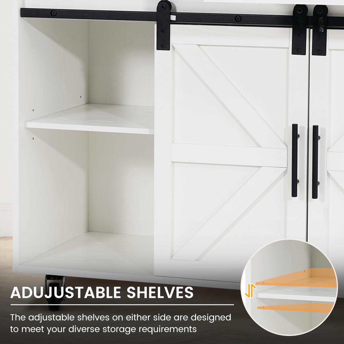 COCO DESIGN Rolling Kitchen Island Cart with Wheels, 54" Portable Trolley Island with Drop Leaf Countertop, Sliding Barn Door, Power Outlet, Spice Rack, Towel Rack and Drawers, Minimalist White COCO DESIGN