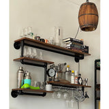 HEONITURE Industrial Pipe Shelves Wine Rack Wall Mounted with 4 Stem Glass Holder,Bar Shelves 39in Metal Hanging Wine Rack, Rustic Floating Pipe Shelf, Living Room Kitchen Decor Display Rack HEONITURE