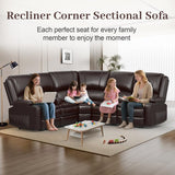 Yolsali Home Theater Seating Reclining Sectional Sofa, 5 Seats Soft Leather Recliner Corner Sectional Couch, Recliner Couch with USB Charging, Thickened Padding, Sturdy Frame, Brown Yolsali