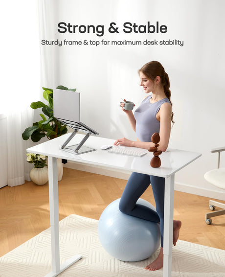 Marsail Glass Electric Standing Desk with Drawer, 40 x 24 Inches Height-Adjustable Desk, One-Piece Tempered Glass Top, Ergonomic Home Office Sit Stand Desk with 4 Preset Heights, White Marsail