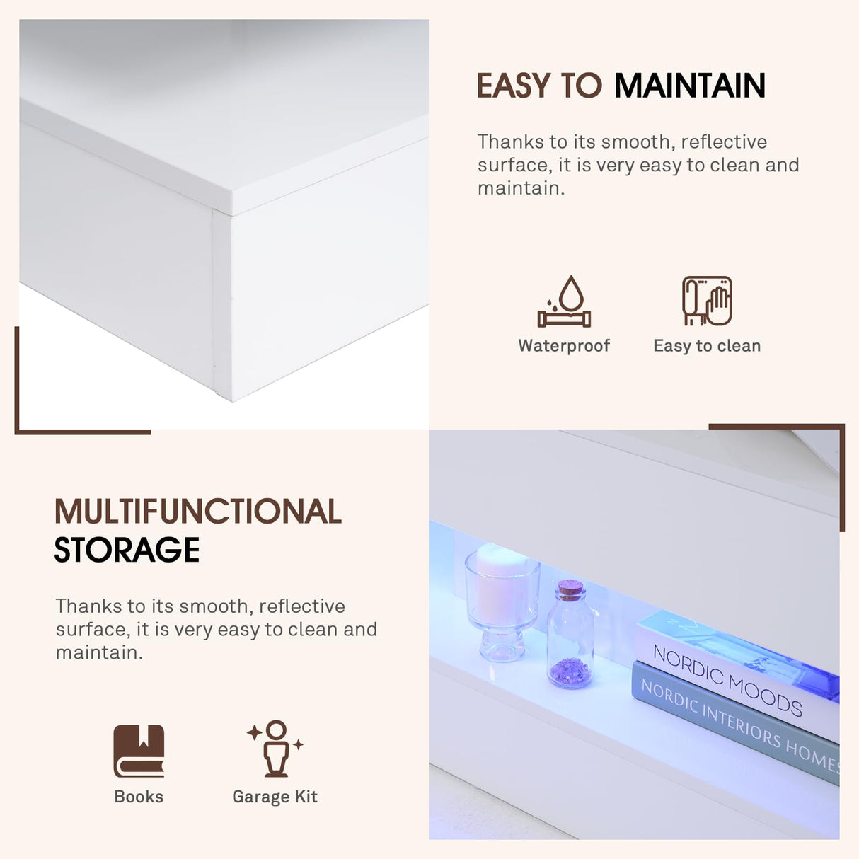 OC Orange-Casual LED Coffee Table with Storage, High Glossy Center Table with 2 Sliding Drawers, Modern Stylish Rectangle Coffee Table Double Layer with Open Display Shelf for Living Room (White) OC Orange-Casual