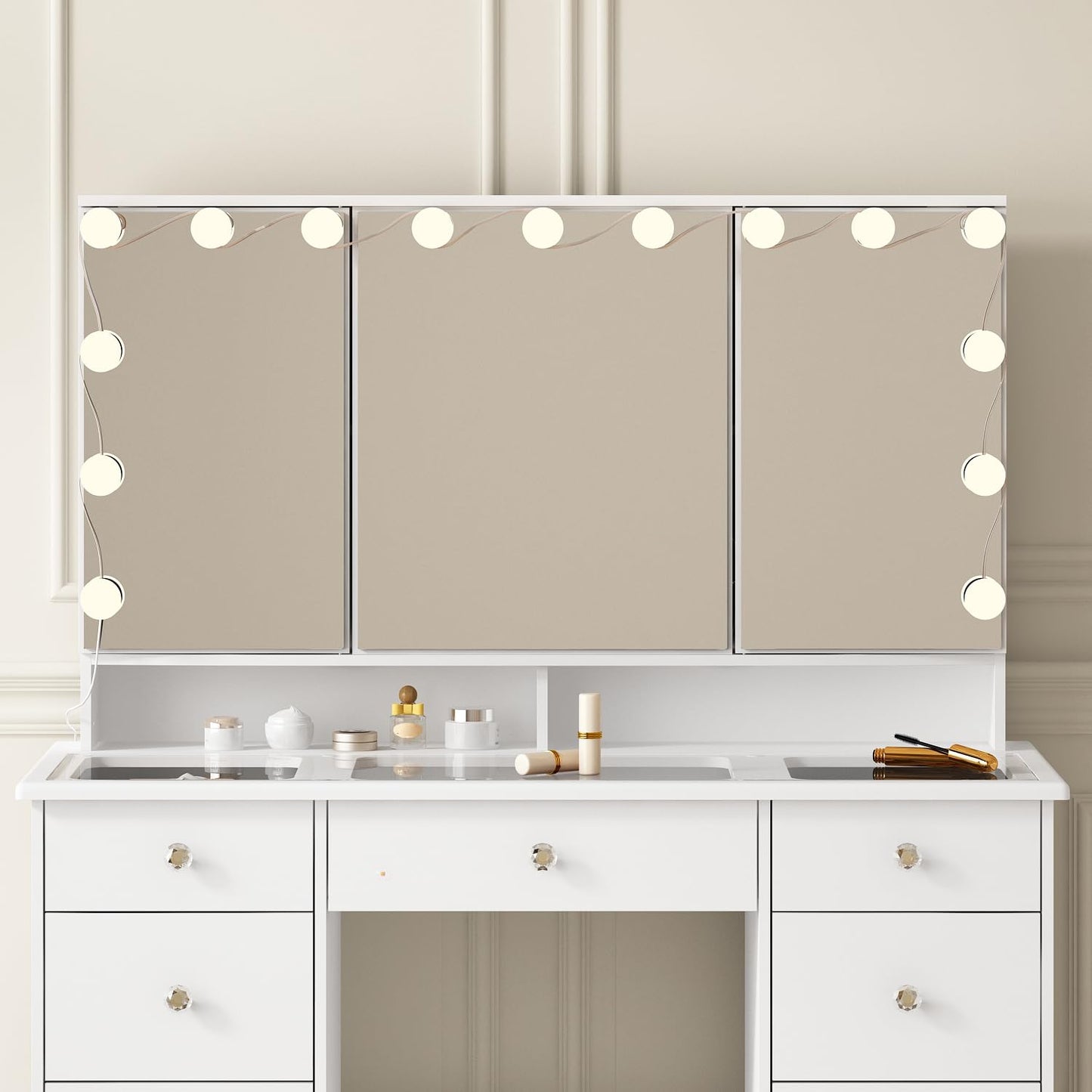 ROMSHINE Large Vanity Desk with Trifold Mirrors & Hollywood Bulbs, 43.3" W Glass Top Makeup Vanity with Lights in 3 Color Modes & Brightness Adjustable, Makeup Desk with 9 Drawers for Storage, White