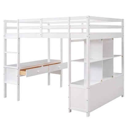 Harper & Bright Designs White Full Loft Bed with Desk and Storage Cabinet, Wood Full Size Loft Beds Frame with Bookcase and Shelves, Modern Full Loft Bed for Kids Teens Adults Boys Girls