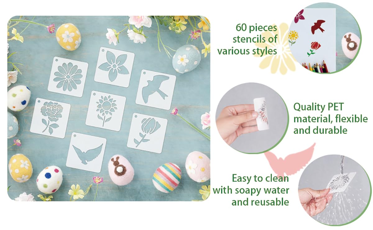 60 Reusable Flower Stencils for Painting on Wood and Canvas - Sunflower, Leaf, Rose, Bee, Bird Designs - 3x3 Inch Craft Stencils for Home Decor AIRIQI