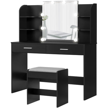 usikey Makeup Vanity with Mirror and 10 LED Lights, Vanity Makeup Table Set with 2 Drawers and Open Shelves, Makeup Vanity Desk Dressing Table with Cushioned Stool, Black