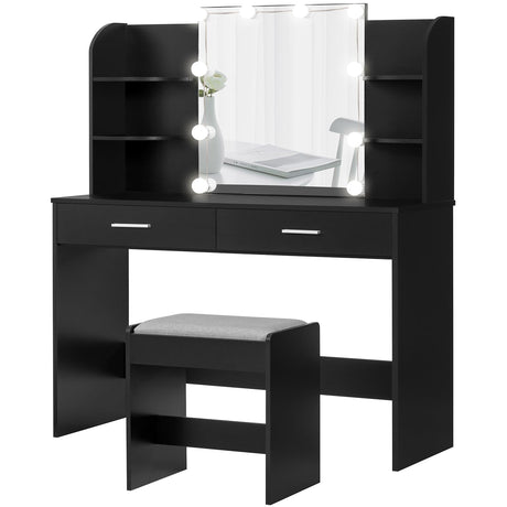 usikey Makeup Vanity with Mirror and 10 LED Lights, Vanity Makeup Table Set with 2 Drawers and Open Shelves, Makeup Vanity Desk Dressing Table with Cushioned Stool, Black usikey