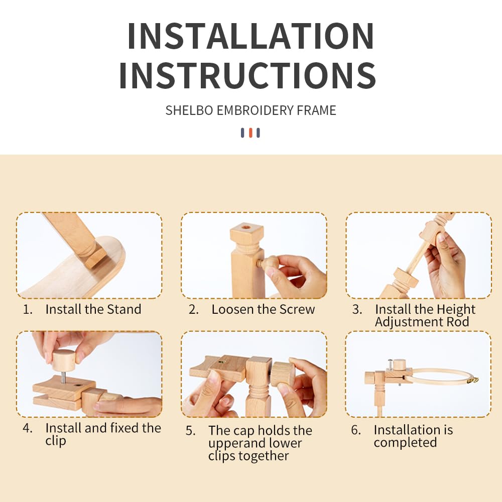 Sherbo Adjustable Embroidery Hoop Stand with 2PCS 6'' 7''Hoops, Rotated Beech Wood Cross Stitch Frame, Hands-Free Needlework Stand, Solid Hand-Polished Natural Wood Holder for Sewing Projects. S SHERBO