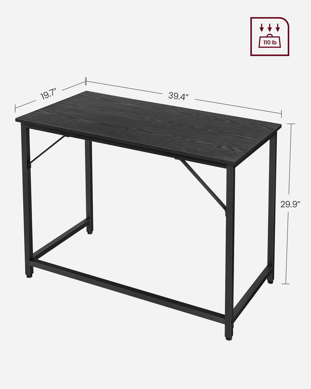 VASAGLE Computer Desk, Gaming Desk, Home Office Desk, for Small Spaces, 19.7 x 39.4 x 29.9 Inches, Industrial Style, Metal Frame, Black with Wood Grain ULWD041B56 VASAGLE