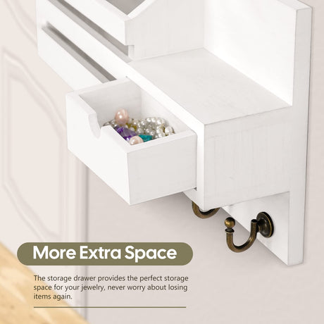 FifthQuarter Key and Mail Holder For Wall, Mail Organizer Wall Mount with 6 Hooks and Storage Drawer, Easy Installation Key Rack for Entryway and Home Decor (A-White) FifthQuarter