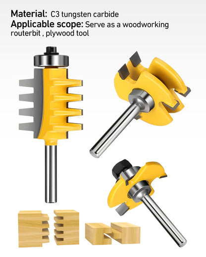 1/4-Inch Shank Tongue and Groove Router Bits Set & Reversible Finger Joint Router Bit, 3 Pack Router Bit Set, Woodworking Chisel Cutter for Density Boards, Solid Wood, MDF, Chipboard, Splints - WoodArtSupply