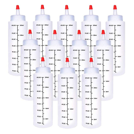 Baaxxango 12 Pack 8oz/240ml Plastic Squeeze Bottles,Scale Plastic Squirt Bottle,Polyethylene Durable Plastic with Red Tip Cap and Black Scale for Ketchup,Sauces,Syrup,Dressings,BBQ,Crafts and More Baaxxango