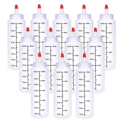 Baaxxango 12 Pack 8oz/240ml Plastic Squeeze Bottles,Scale Plastic Squirt Bottle,Polyethylene Durable Plastic with Red Tip Cap and Black Scale for Ketchup,Sauces,Syrup,Dressings,BBQ,Crafts and More