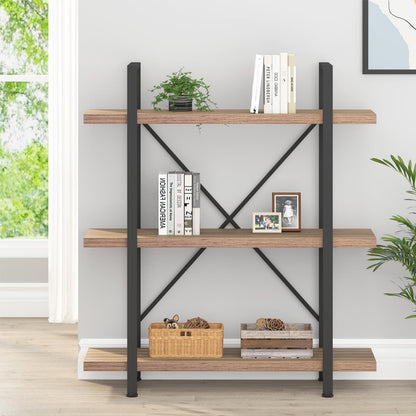 HSH Industrial 3 Tier Book Shelf, Modern Small Wood and Metal 3 Shelf Bookcase Etagere, Farmhouse Open Low 3 Tier Bookshelf and Display Storage Shelves for Bedroom Living Room Office, Rustic  - WoodArtSupply