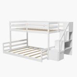 KOMFOTT Wood Twin Over Full Low Bunk Bed with Storage Staircase, Wooden Bunk Bed Frame with Full-Length Guardrails, Low Profile Bunk Bed with Slats Support, No Box Spring Needed (White) KOMFOTT
