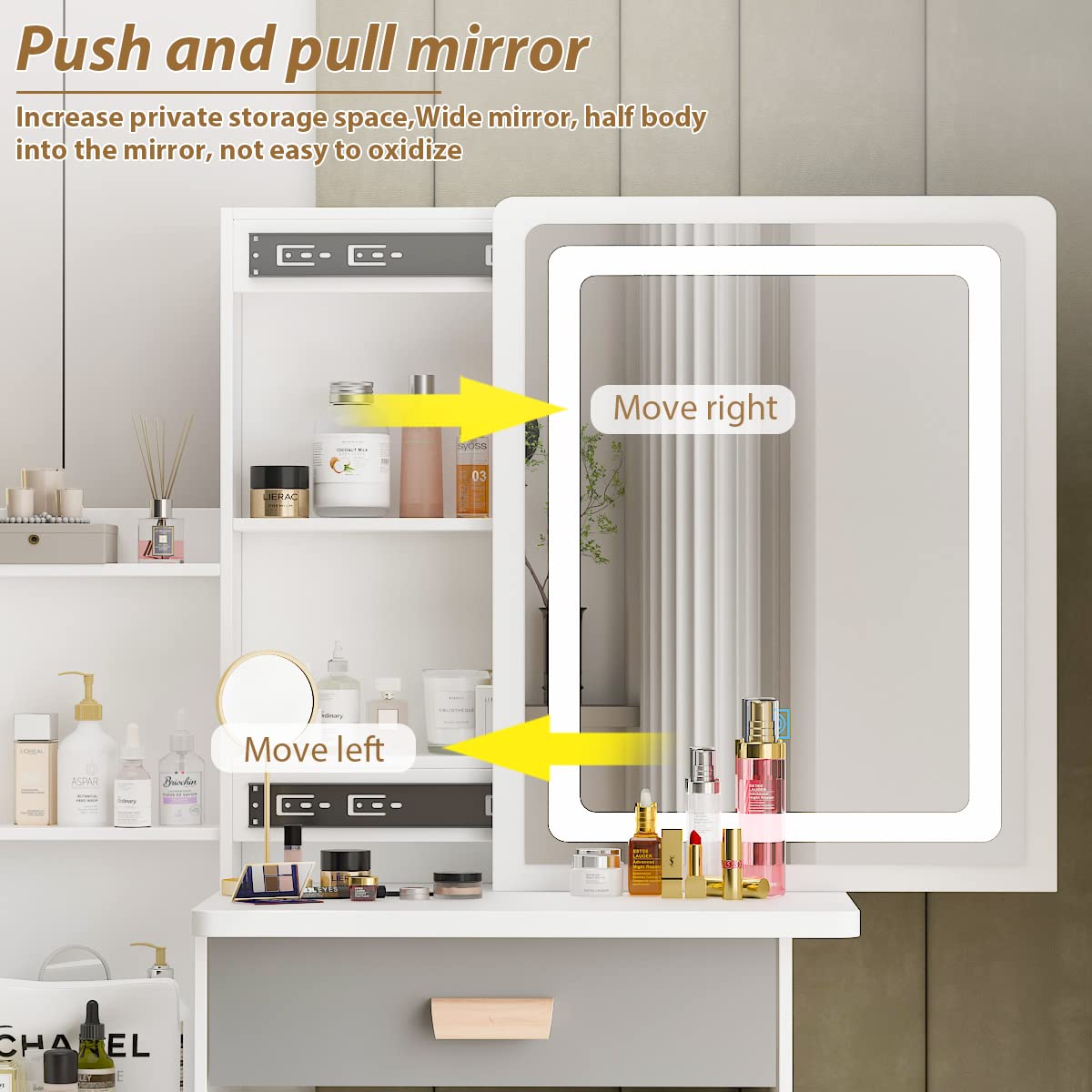 AGOTENI Small Vanity Table Makeup Vanity Dressing Table with Mirror, 4 Drawers & Shelves, Dressing Desk and Cushioned Stool Set (White/Grey, Slidding Lighted Mirror) AGOTENI