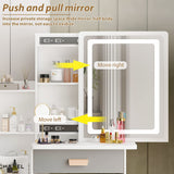 AGOTENI Small Vanity Table Makeup Vanity Dressing Table with Mirror, 4 Drawers & Shelves, Dressing Desk and Cushioned Stool Set (White/Grey, Slidding Lighted Mirror) AGOTENI