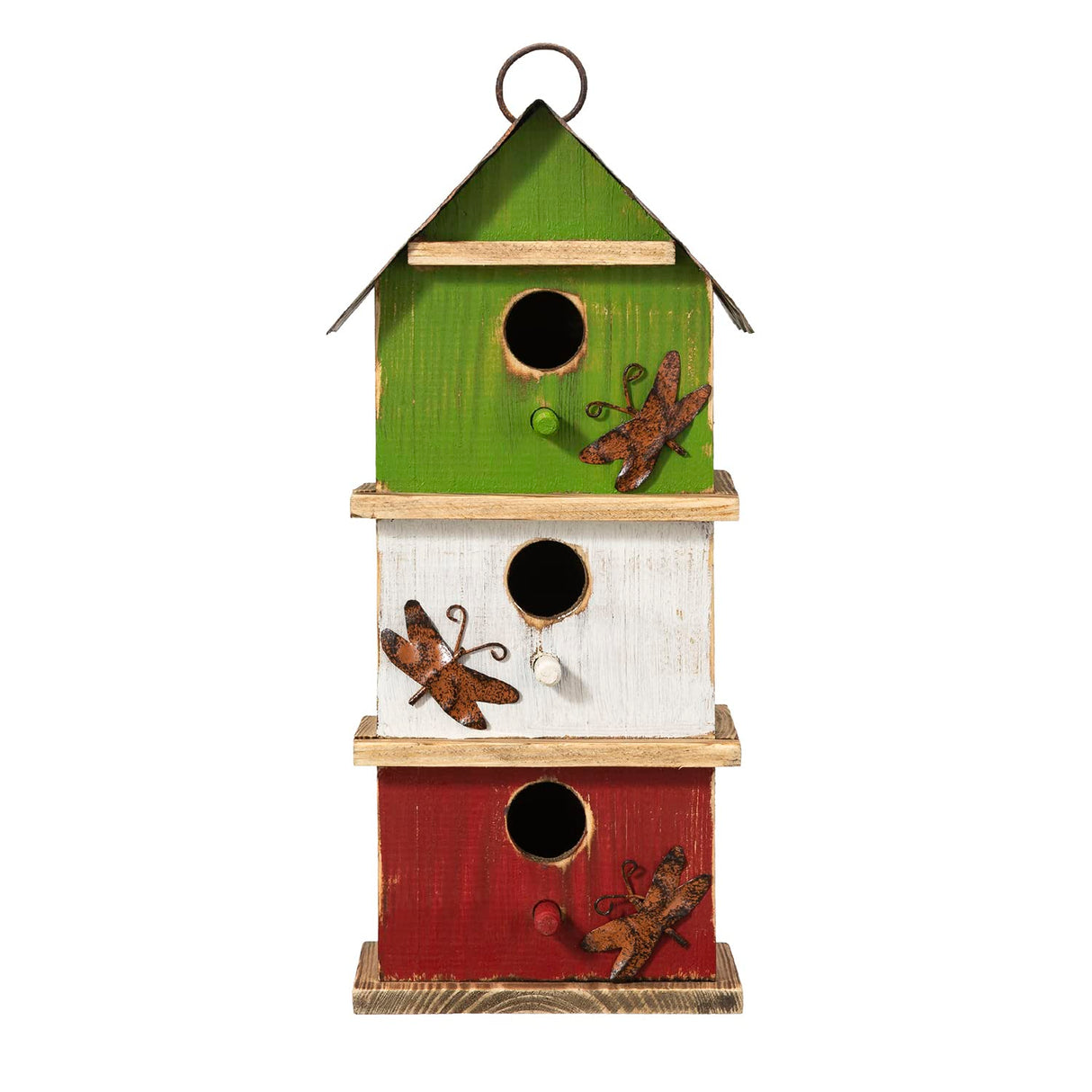 Glitzhome 13.75" H Multicolored Three-Tiered Distressed Solid Wood Birdhouse Garden Hanging Bird House for Outdoors Glitzhome
