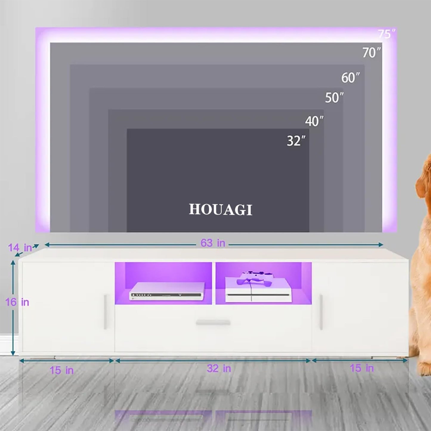 HOUAGI LED TV Stand, Modern White Entertainment Center with Drawers, Ideal TV Stands for Living Room and Bedroom, Fits TVs Up to 70 Inches,White - WoodArtSupply