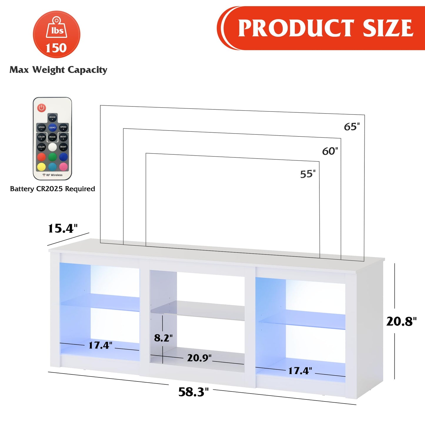 WLIVE LED TV Stand for 65-Inch TV, 58-Inch Entertainment Center with Adjustable Glass Shelves, Modern Media Console for Living Room & Bedroom, White