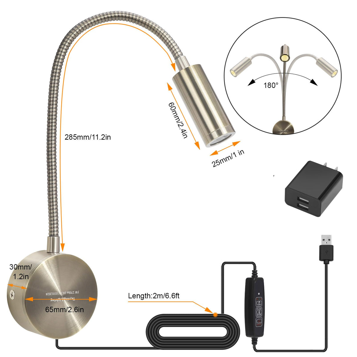 Taysing LED Reading Light 3W 270lm Dimmable Timing Wall Mounted Reading Lamp Wall Sconces Bed Lamps Task Directional LED Gooseneck Light for Bedside Headboard Bunk Bed 2 Pack(Soft White 3000K) Taysing