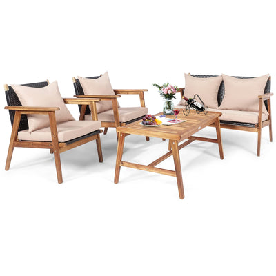 HAPPYGRILL 4 Piece Outdoor Furniture Set Rattan Sofa Set Acacia Wood Frame Conversation Set with Coffee Table, Sectional Furniture Set with Cushions for Backyard Porch Garden Poolside Balcony