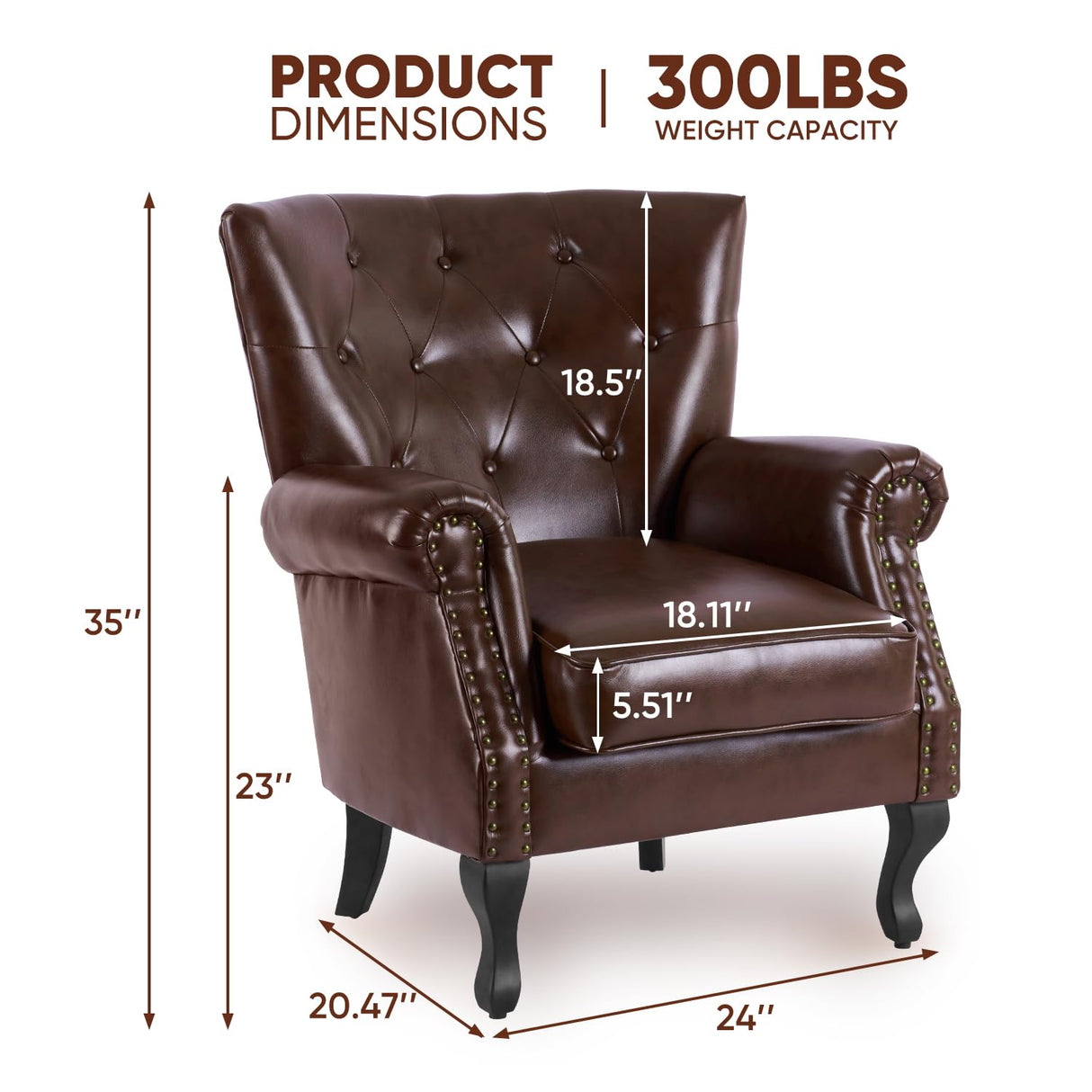 MOJAY PU Leather Accent Chair Set of 2, Mid-Century Modern Armchair Living Room Club Chair with Tufted Button & Rivet Trim, Upholstered Sofa Chair with Sturdy Wood Legs for Bedroom (Reddish Brown) MOJAY