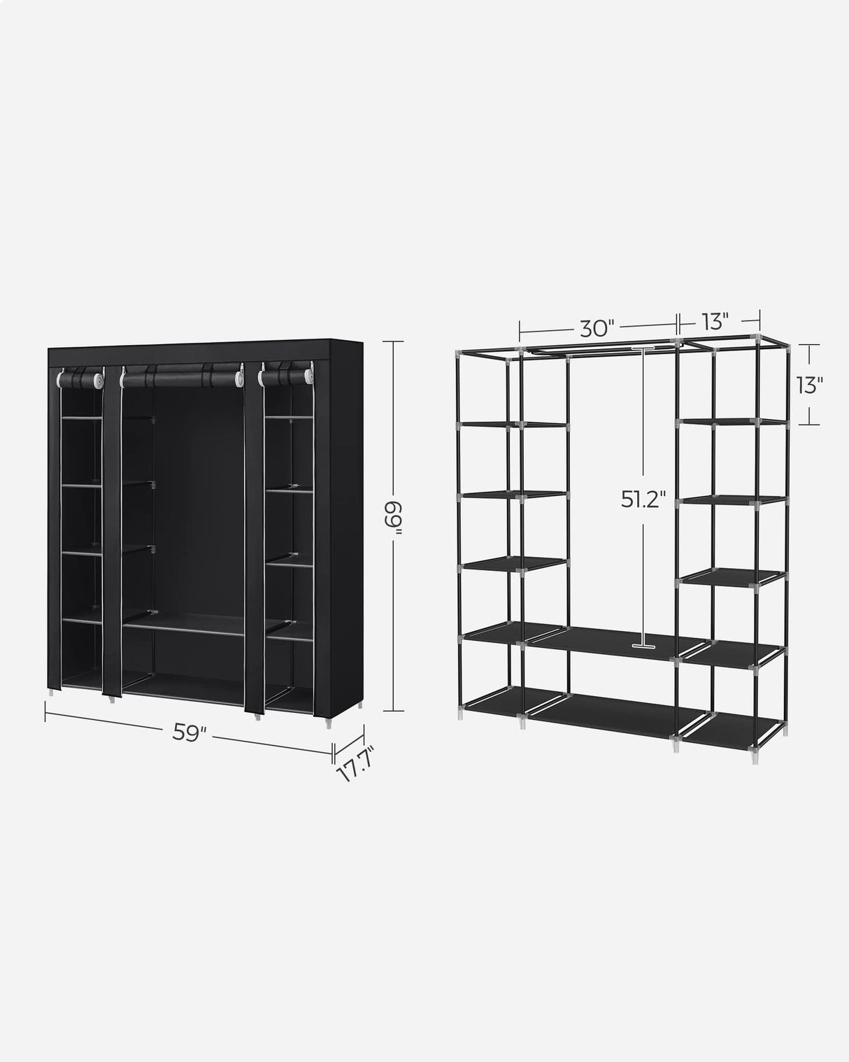 SONGMICS Closet Wardrobe, Portable Closet for Bedroom, Clothes Rail with Non-Woven Fabric Cover, Clothes Storage Organizer, 59 x 17.7 x 69 Inches, 12 Compartments, Black ULSF03H SONGMICS