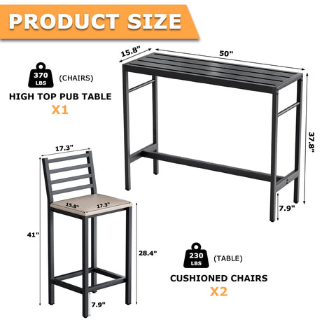 Jinrrenyi Outdoor Patio Bar Set 3 Piece,50" Rectangular Counter Height High Top Bar Tables, 2 Cushioned 41" Bar Stools, Metal Bar Table and Chairs Set for Poolside, Balcony, Backyard, Porch Jinrrenyi