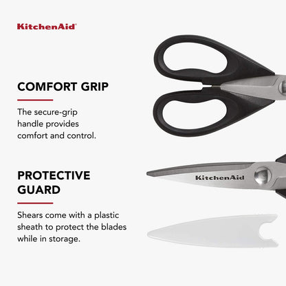 KitchenAid All Purpose Kitchen Shears with Protective Sheath Durable Stainless Steel Scissors, Dishwasher Safe, Soft Grip Comfort Handle, 8.72 Inch, Black