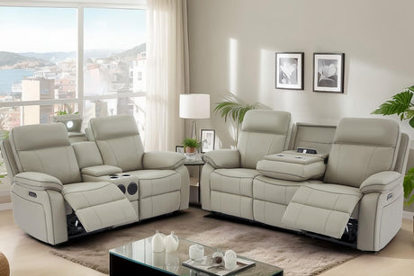 Neptane Power Reclining Sofa Set with LED Reading Light/Storage Drawer, Power Loveseat Recliner Sofa, Reclining Loveseat with Bluetooth Speakers/Outlets/Breathing Leather (Grey, Sofa+Loveseat) Neptane