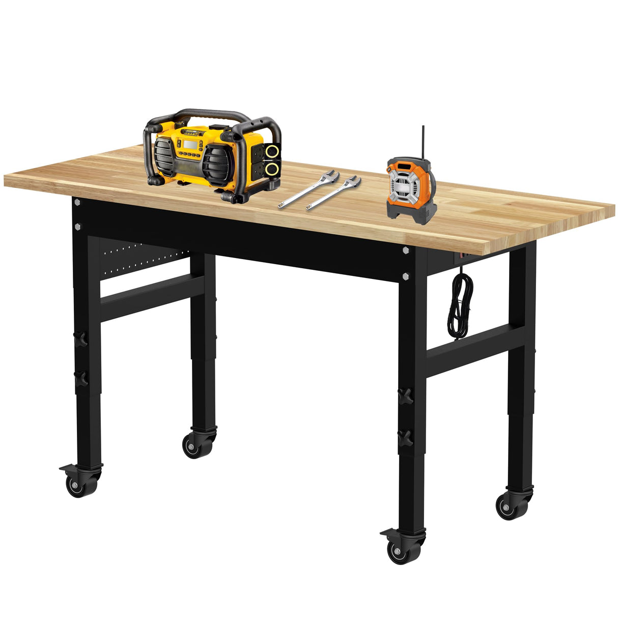 60" Adjustable Workbench，Multifunctional Rolling Heavy Duty Workbench with Wheels，Suitable for Large Capacity Rubberwood Countertop Workbench for Garage, Office, Workshop IBXFO