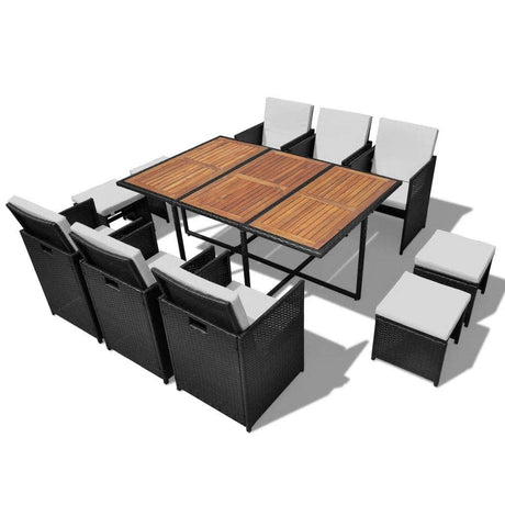 FAMIROSA 11 Piece Outdoor Dining Set Poly Rattan and Acacia Wood Black FAMIROSA