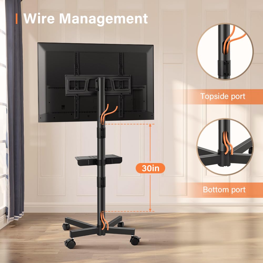 KKTONER Mobile TV Cart for 23 to 65 inch LCD LED Flat Screen/Curved TVs Floor TV Stand on Wheels with Height Adjustable Shelf Max VESA 400x400mm Rolling Floor TV Trolley Holds up to 88lbs KKTONER