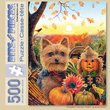 Bits and Pieces – 500 Piece Jigsaw Puzzle for Adults – Pumpkin Sunrise Yorkie - Puppy Dog Fall Autumn Corn Scarecrow Jigsaw Puzzle by Artist Brooke Faulder, Completed Puzzle Size: 18" x 24"