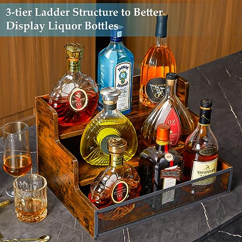 3 Step Countertop Liquor Bottle Display Shelf, Wood Bar Shelves 12 Bottles with Fences, Freestanding Storage Shelves for Liquor Whiskey Wine Coffee Syrup Display, Retro Wine Rack Home (Patent - WoodArtSupply