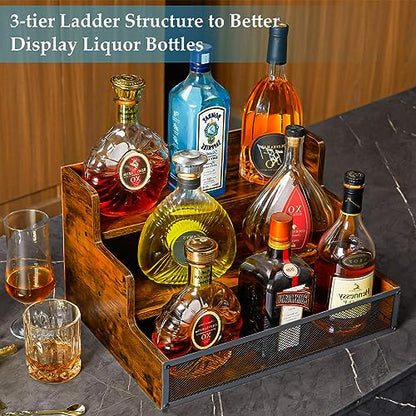 3 Step Countertop Liquor Bottle Display Shelf, Wood Bar Shelves 12 Bottles with Fences, Freestanding Storage Shelves for Liquor Whiskey Wine Coffee Syrup Display, Retro Wine Rack Home (Patent - WoodArtSupply