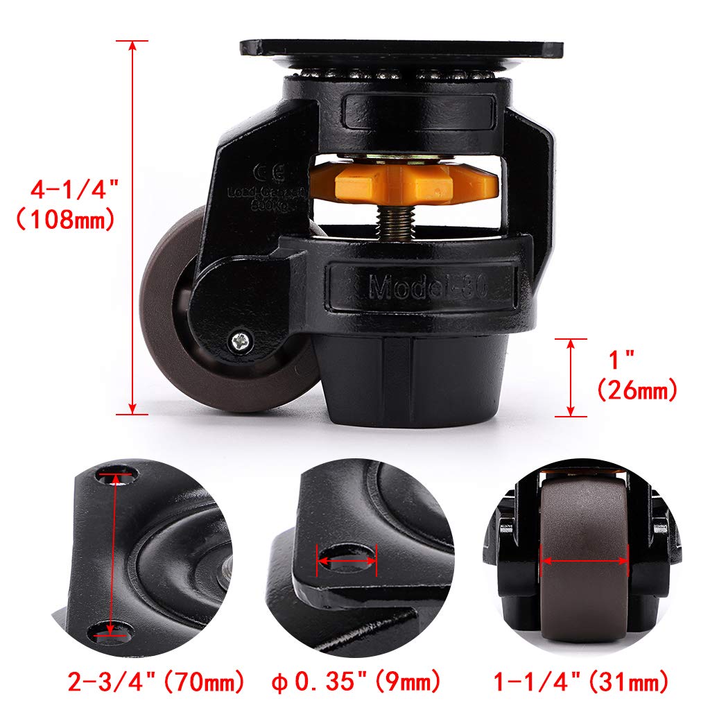 Skelang Leveling Machine Caster Model-80, Large Top Plate Leveling Wheel with Retractable NBR Pad for Heavy Workbench, Electric Equipment, Vending Machine, Total Loading Capacity 3300 Lbs, Pack of 4 Skelang