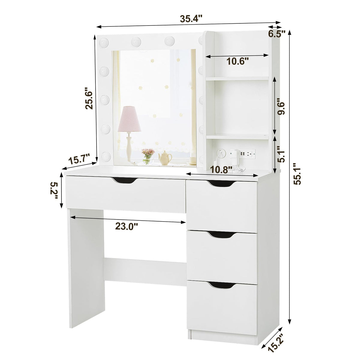 JoanKaren Modern Vanity Makeup Desk with Vanity Mirror, Built-in Lights, 4 Drawers, Crystal Ball Knobs, Power Outlet, White Makeup Desk for Bedroom JoanKaren