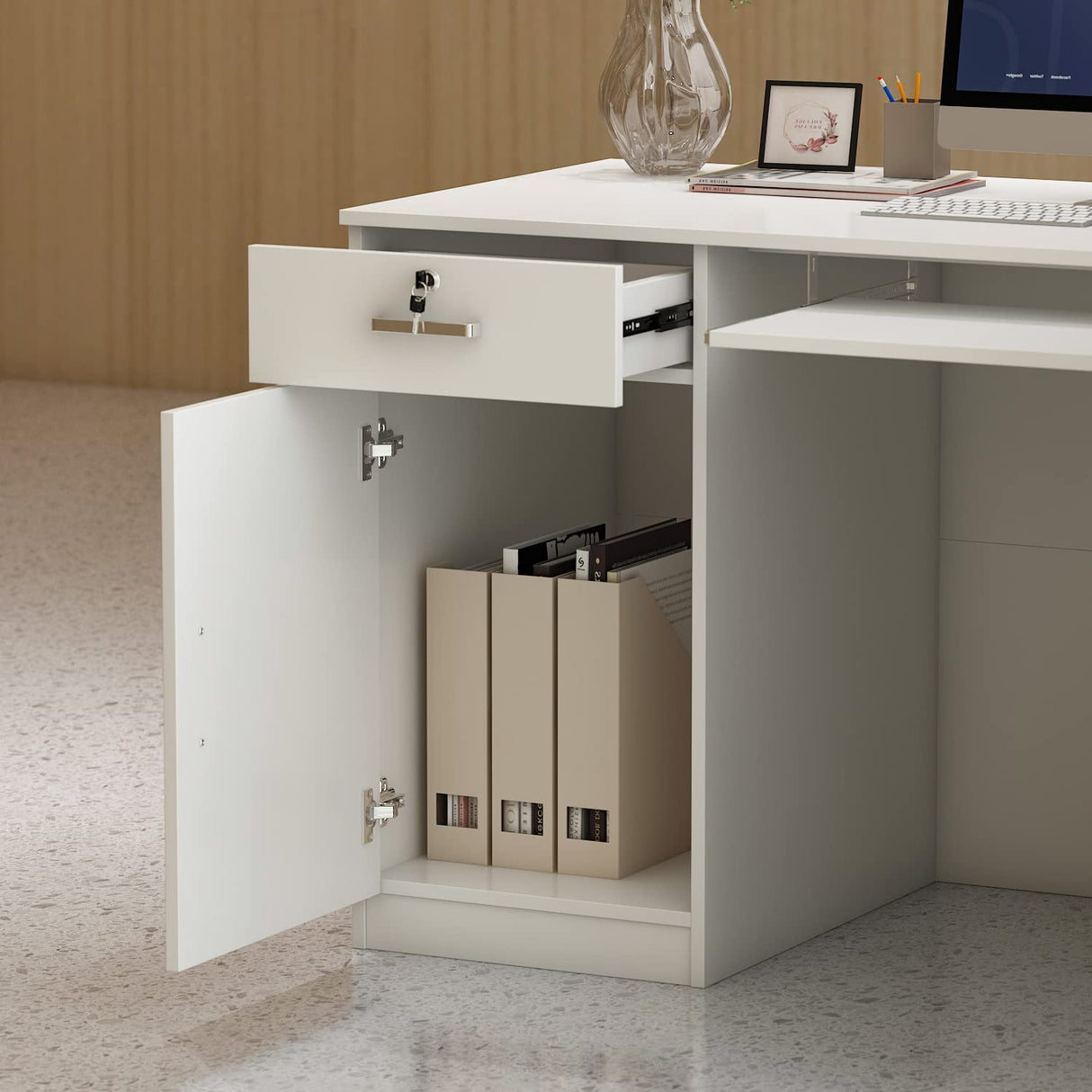 AGOTENI Reception Desk, Front Counter Desk with Lockable Drawer & Bookshelf, L Shape Reception Table Wooden Computer Table for Office, Black AGOTENI
