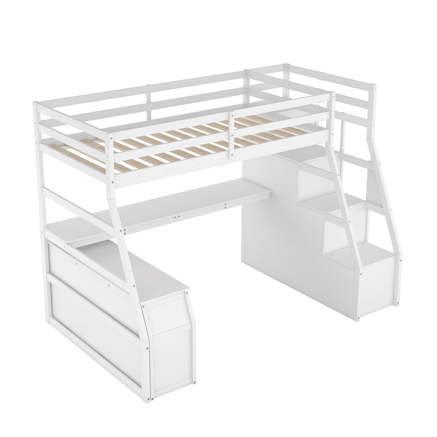 Harper & Bright Designs Twin Loft Bed with Stairs, Desk, and Storage – Solid Wood Frame in White