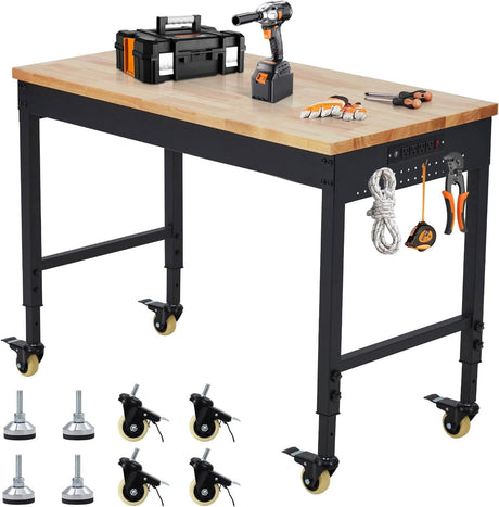 Adjustable Height Workbench 60" x 22" Worktable - Heavy Duty Rubber Wood Top, Mobile Workstation with Power Outlets & Wheels, 2000 Lbs Load Capacity - Ideal for Garage & Workshop, Hardwood Workbench Acekool