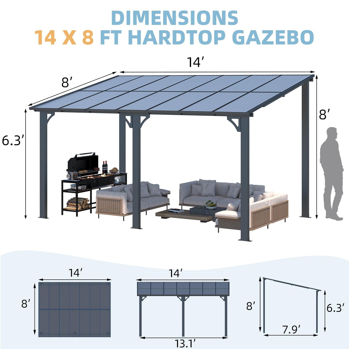 AECOJOY 14' x 8' Gazebo Outdoor Pergola for Patio, Hard Top Lean to 8x14 Gazebo Shelter Pergolas and Gazebos Clearance with Patio Roof, Large Wall-Mounted Heavy Duty Awnings for Patio, Decks, Backyard