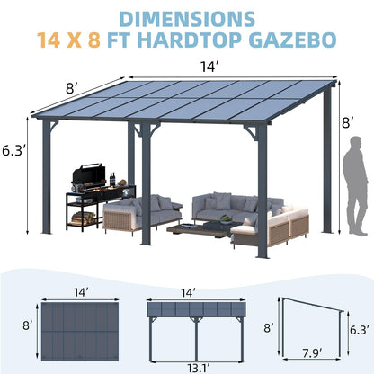 AECOJOY 14' x 8' Gazebo Outdoor Pergola for Patio, Hard Top Lean to 8x14 Gazebo Shelter Pergolas and Gazebos Clearance with Patio Roof, Large Wall-Mounted Heavy Duty Awnings for Patio, Decks, Backyard