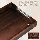 Swyftee Serving Tray with Handles – 17 x 12 x 2 Inch Dark Brown Acacia Wood Ottoman Tray Table Trays Decorative – Coffee Tray Wood Decor for Kitchen – Breakfast in Bed Tray with Silver Metal Handles Swyftee