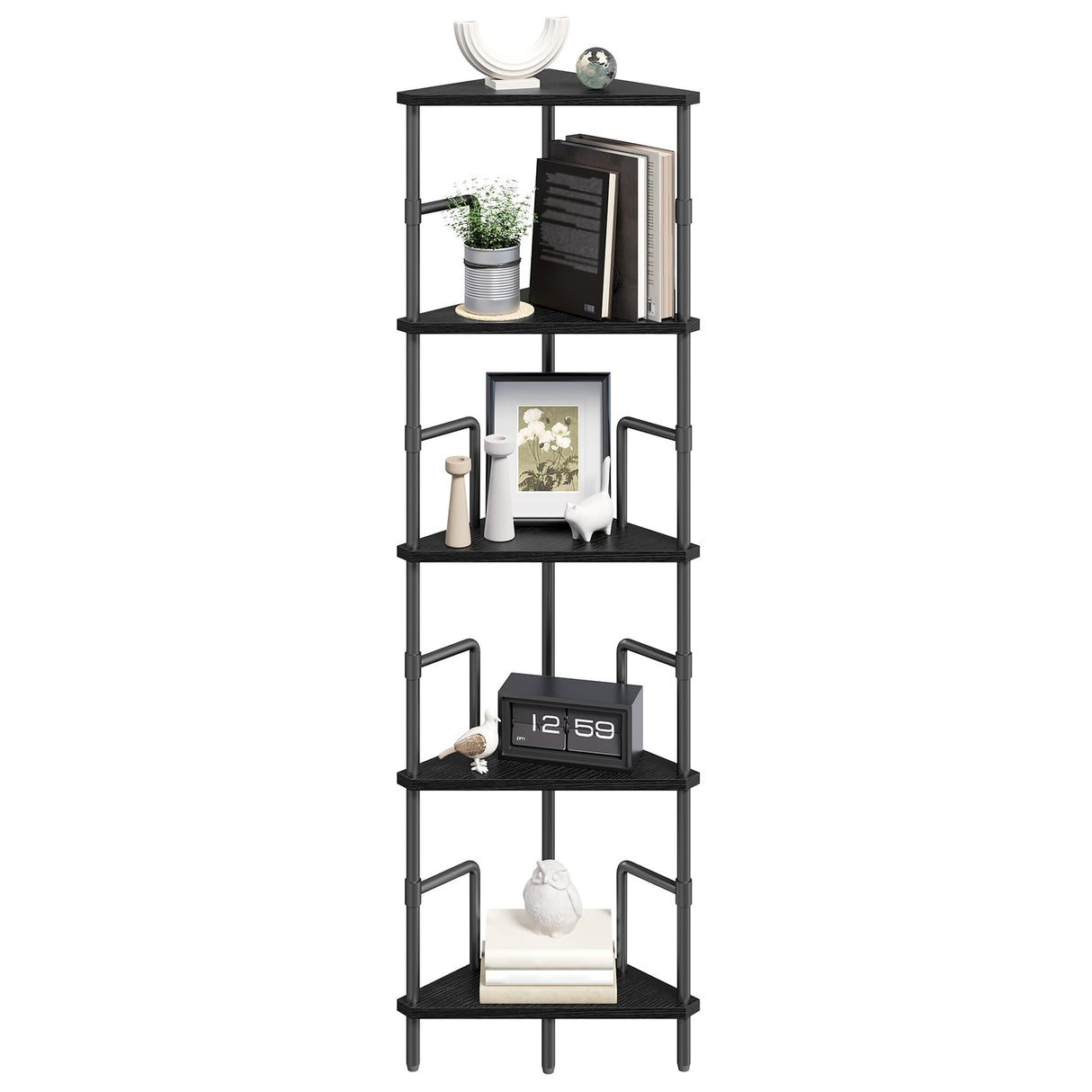 MAHANCRIS 52.8" Corner Shelf, 5-Tier Industrial Corner Bookshelf with Metal Frame, Small Plant Stand, Display Shelf for Living Room, Bedroom, Home Office, Small Spaces, Black CSBK5501 MAHANCRIS