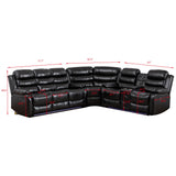 INSTORY 6-Seater Reclining Sofa Set, Faux Leather Living Room Set, Bluetooth Speakers, LED Lights, Drop Down Table, Cup Holders, USB Outlet, Storage Box (Black) INSTORY