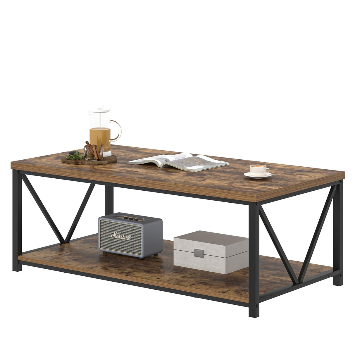 EXCEFUR Modern Coffee Table, Rustic Wood and Metal Living Room Table with Storage Shelf, Industrial Rectangle Center Table, 47 Inch Brown EXCEFUR