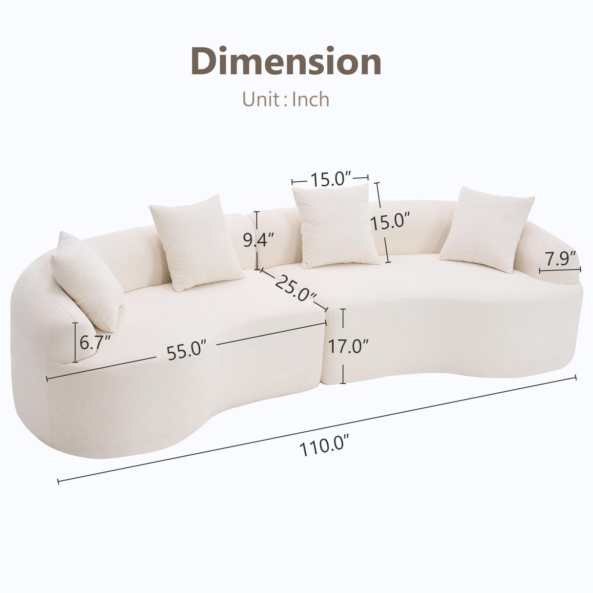 110'' Modern Curved Sofa Sectional, Arc 4-Seater Foam Couch Compressed in-a-Box, Boneless Cloud Couch with Extra-Deep-Wide Seats in Comfortable Chenille, No Assembly,Cream White Olodumare